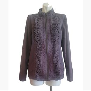 Soft Surroundings Charcoal Grey Lace Placket Zip Up Jacket Size M
